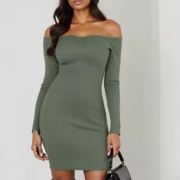 Dresses & Skirts - Elegant Olive Long Sleeve Off-Shoulder Dress